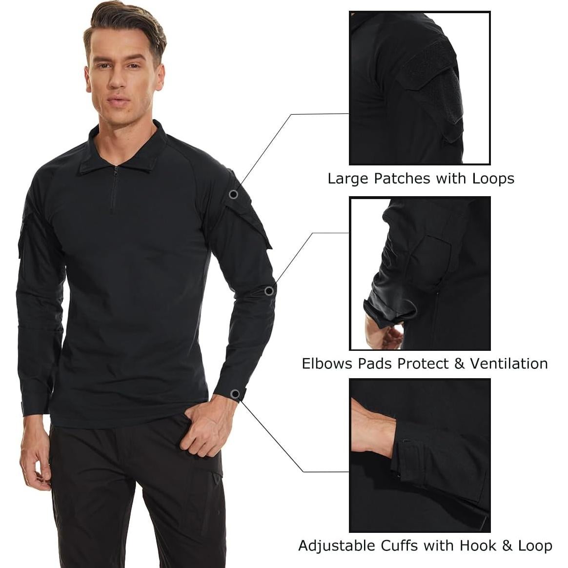Men's Tactical Shirt Long Sleeve Combat Shirt 1/4 Zip with Pockets Military Army Paintball Airsoft Breathable