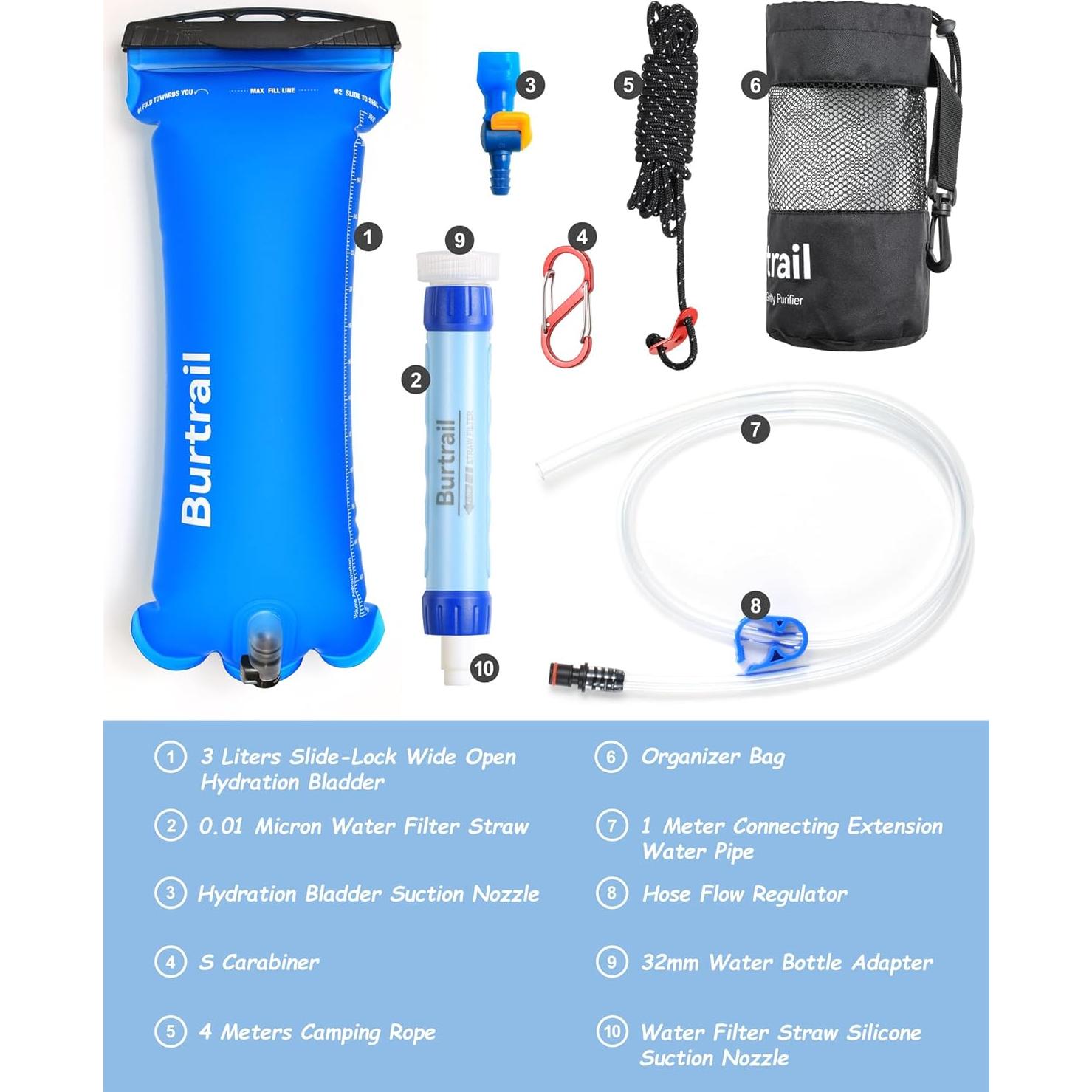 Filtro de Agua Burtrail Pro 3L, Purificador Camping 0.01µm