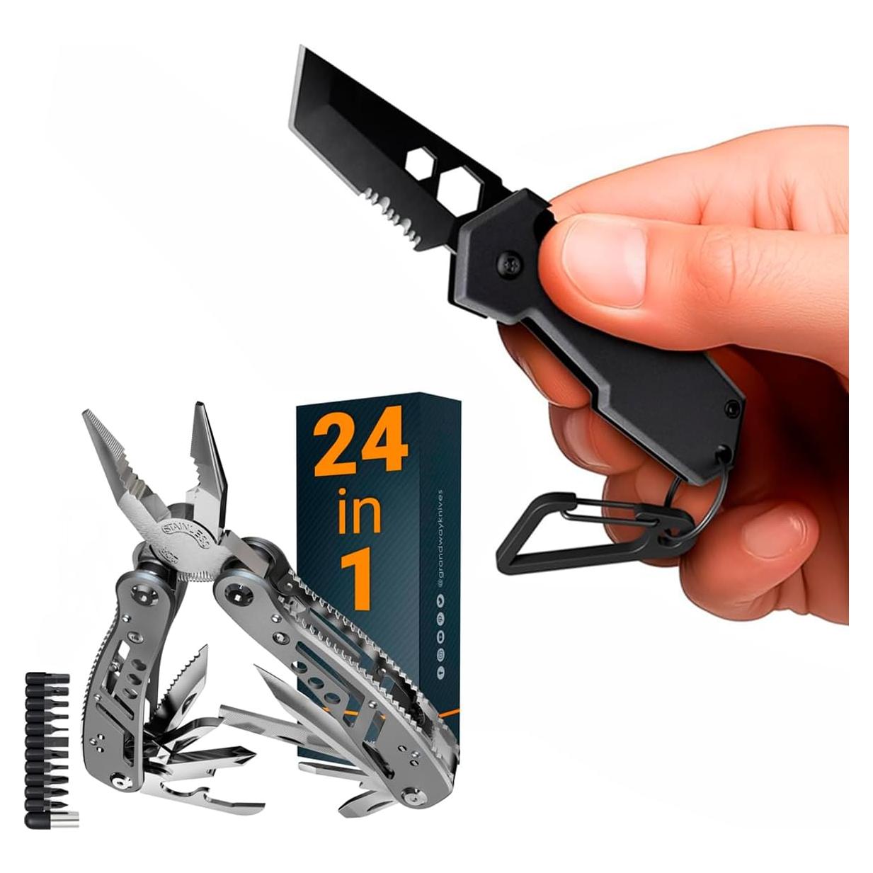Mini Keychain Knife with Carabiner - 2" Tanto Serrated Blade - Black Multitool with Bottle Opener - Box Cutter - Liner Lock - 24-in-1 Multitool with Knife, Pliers & 11 Bits