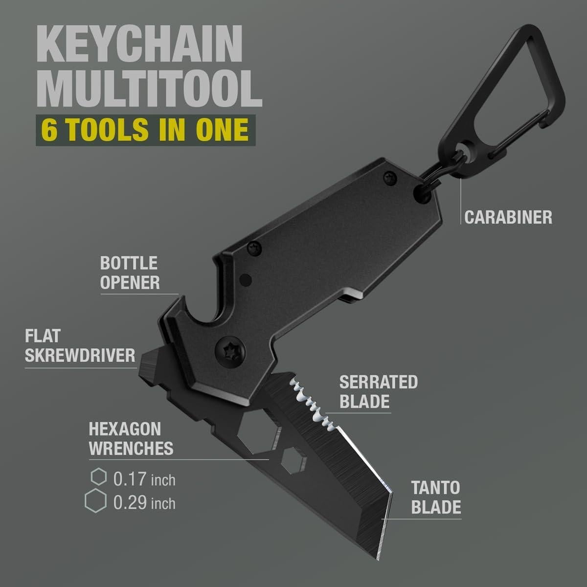 Mini Keychain Knife with Carabiner - 2" Tanto Serrated Blade - Black Multitool with Bottle Opener - Box Cutter - Liner Lock - 24-in-1 Multitool with Knife, Pliers & 11 Bits