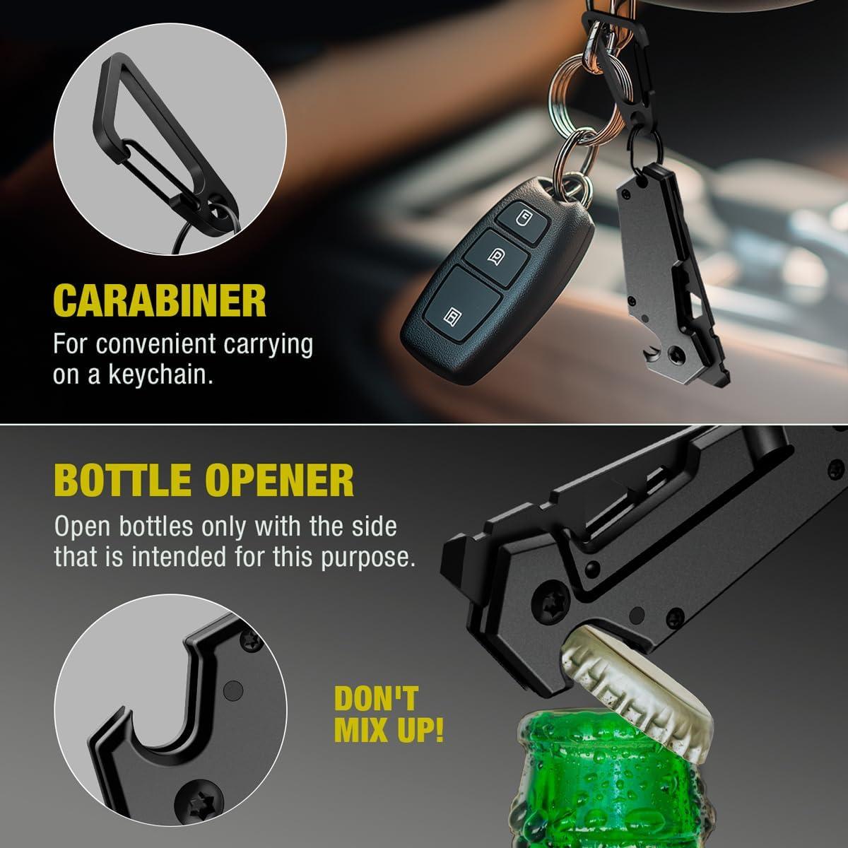 Mini Keychain Knife with Carabiner - 2" Tanto Serrated Blade - Black Multitool with Bottle Opener - Box Cutter - Liner Lock - 24-in-1 Multitool with Knife, Pliers & 11 Bits