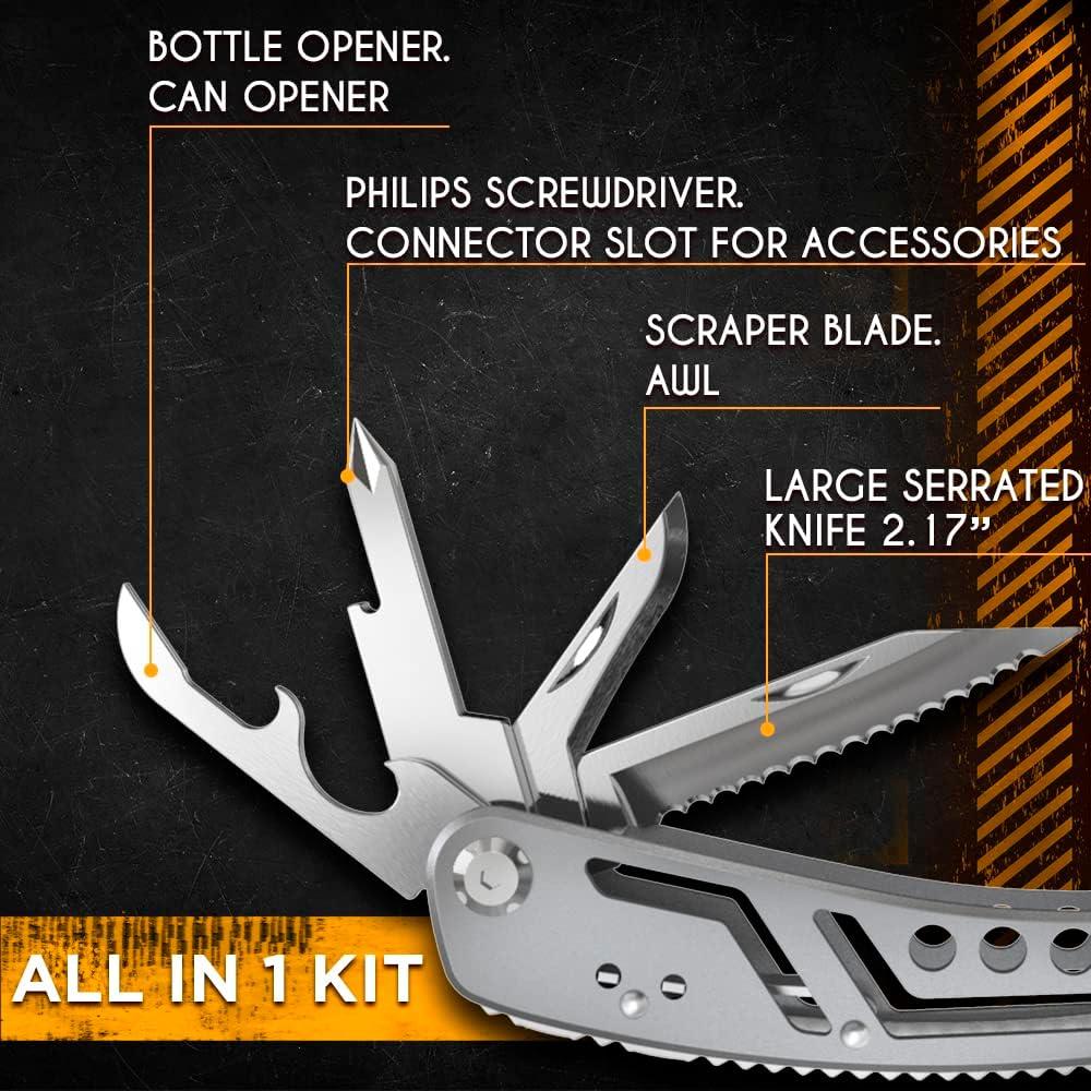 Mini Keychain Knife with Carabiner - 2" Tanto Serrated Blade - Black Multitool with Bottle Opener - Box Cutter - Liner Lock - 24-in-1 Multitool with Knife, Pliers & 11 Bits