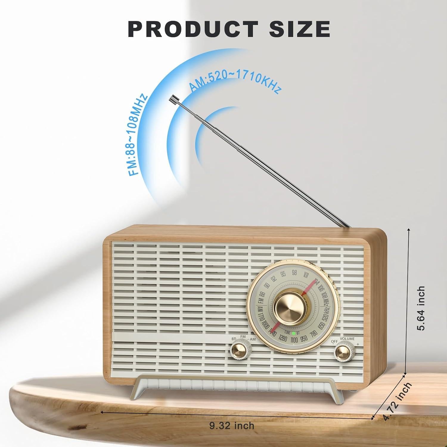Radio Retro YOWGULF de Madera Bluetooth AM/FM 23.66cm