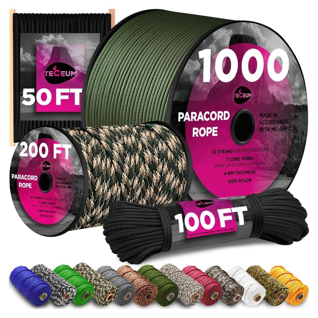 TECEUM Paracord Rope 750 lb – 1000ft / 200ft / 120ft / 100ft / 50ft – String Parachute Cord for Camping, Survival, Outdoor Gear – 35+ Colors – Nylon Utility Rope – Tactical Survival & Camping Kit