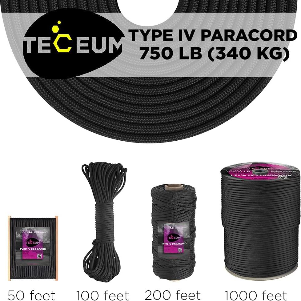 TECEUM Paracord Rope 750 lb – 1000ft / 200ft / 120ft / 100ft / 50ft – String Parachute Cord for Camping, Survival, Outdoor Gear – 35+ Colors – Nylon Utility Rope – Tactical Survival & Camping Kit