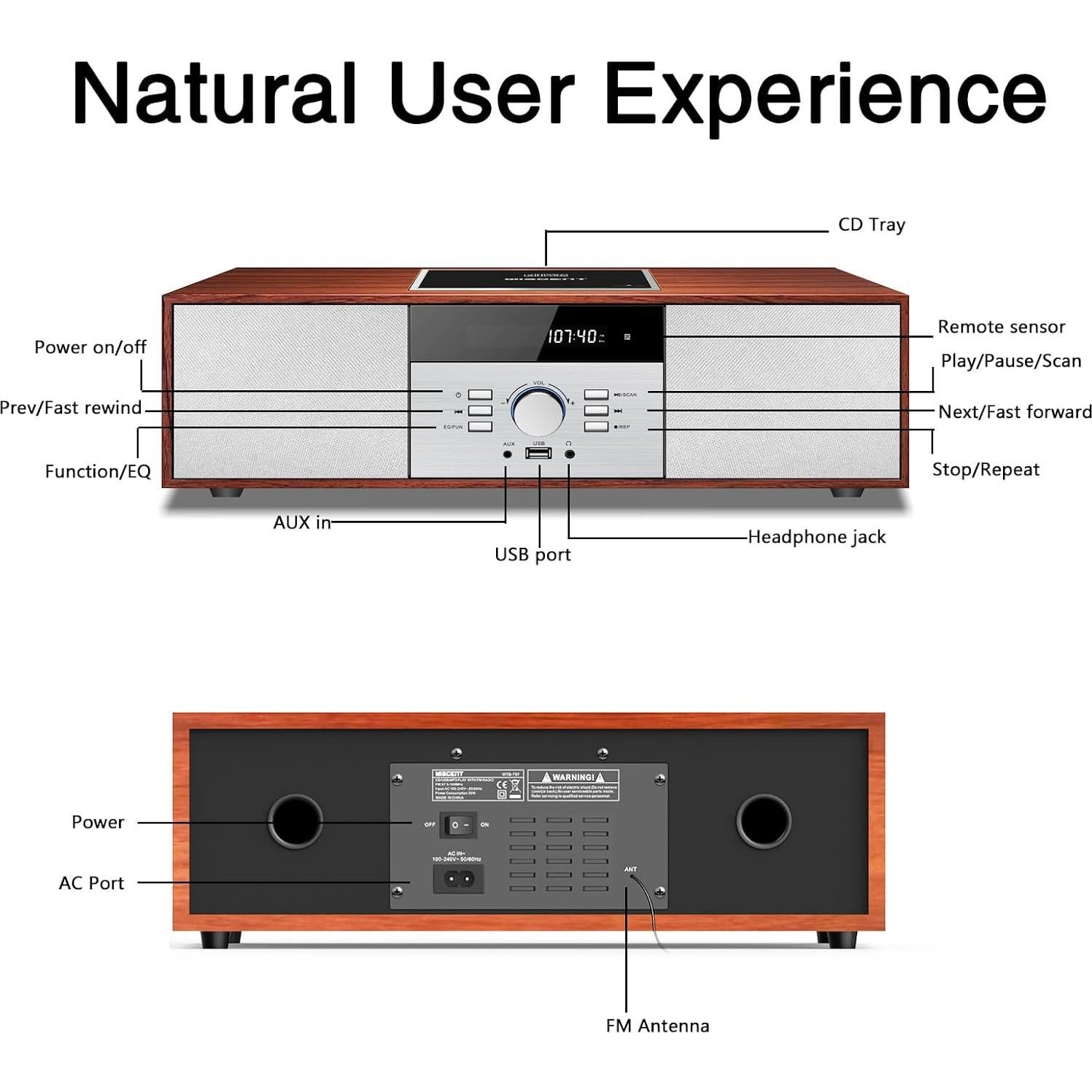 Sistema Estéreo Bluetooth WISCENT WTB-797 CD 30W Marrón