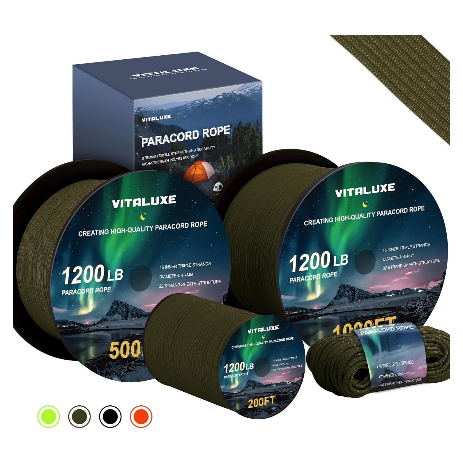 1200lb Paracord Rope, 4.4mm 15 Triple Strands Paracord, Heavy Duty Tactical Parachute Cord for Survival Gear, Camping, Hiking, and Ideal for Bracelets, Lanyards, Type III