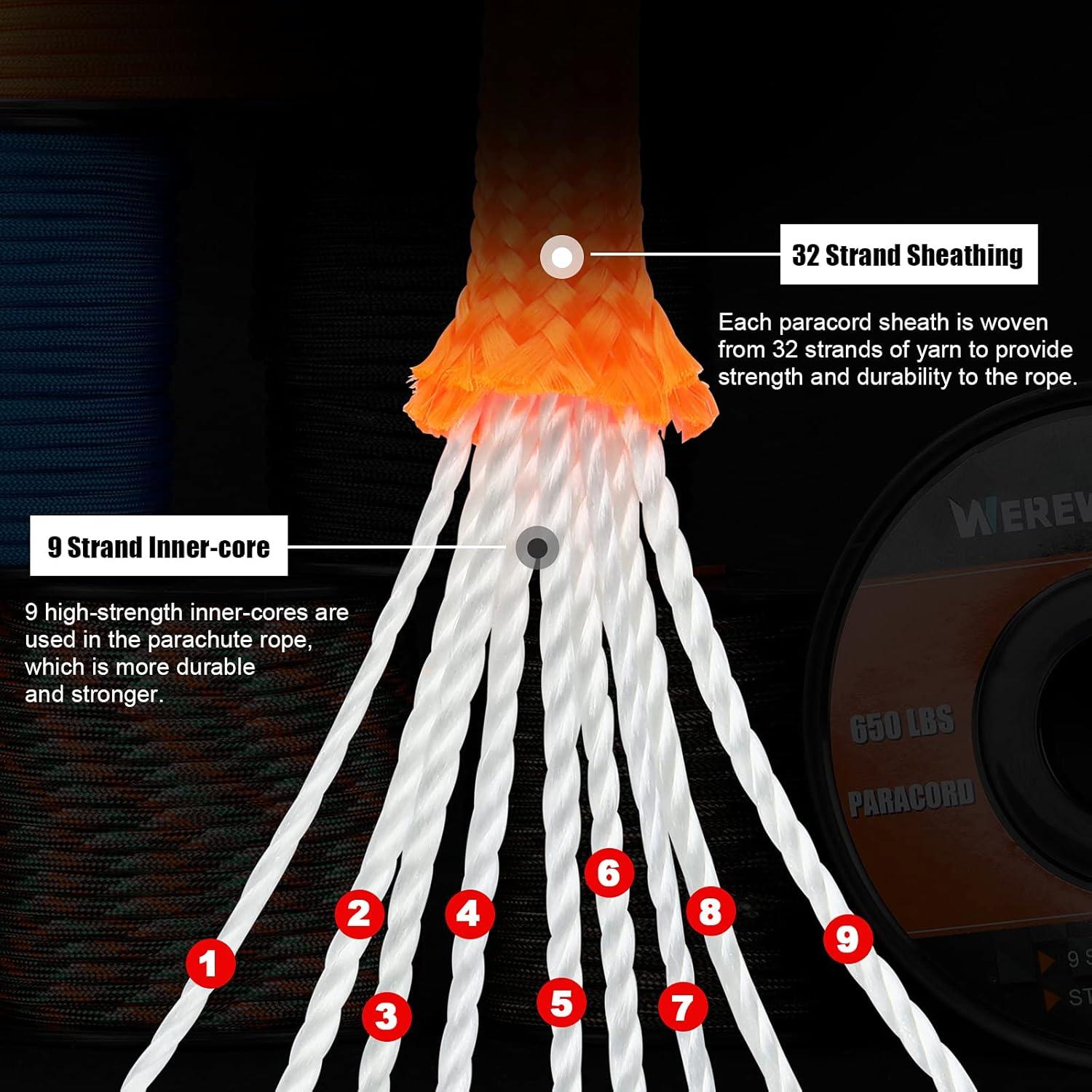 WEREWOLVES 650lb Paracord/Parachute Cord - 9 Strand Paracord Rope - 100', 200' Spools of Parachute Cord, Type III Paracord for Camping, Survival