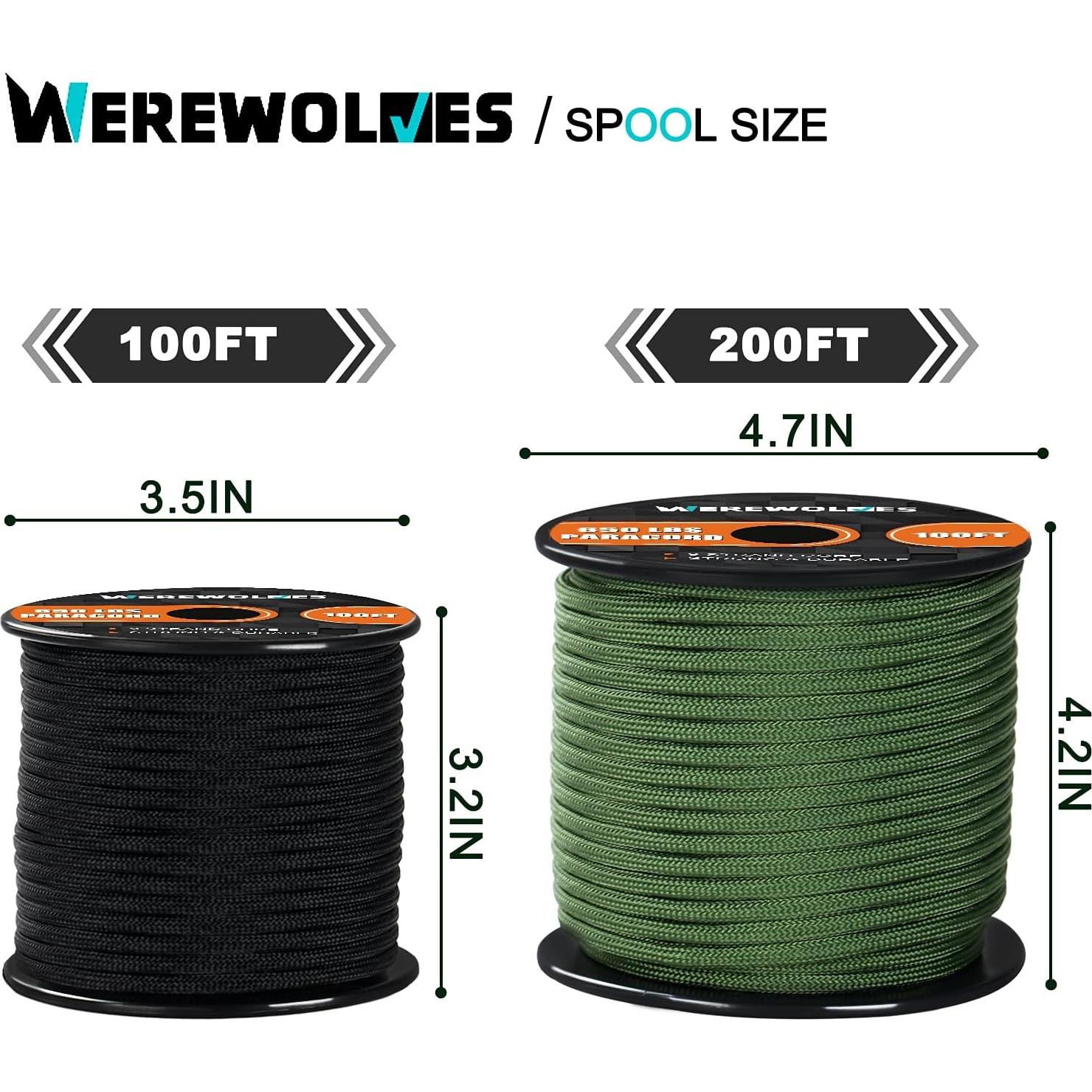 WEREWOLVES 650lb Paracord/Parachute Cord - 9 Strand Paracord Rope - 100', 200' Spools of Parachute Cord, Type III Paracord for Camping, Survival