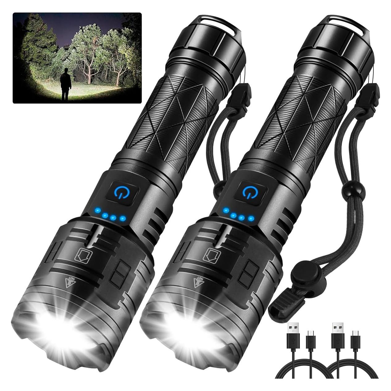 IkeeRuic 2Pack Rechargeable Flashlights High Lumens, Powerful Tactical Flashlights, 5 Modes LED Flashlight Adjustable, Brightest Flashlight Waterproof, Handheld Flash Light for Home, Camping, Hiking