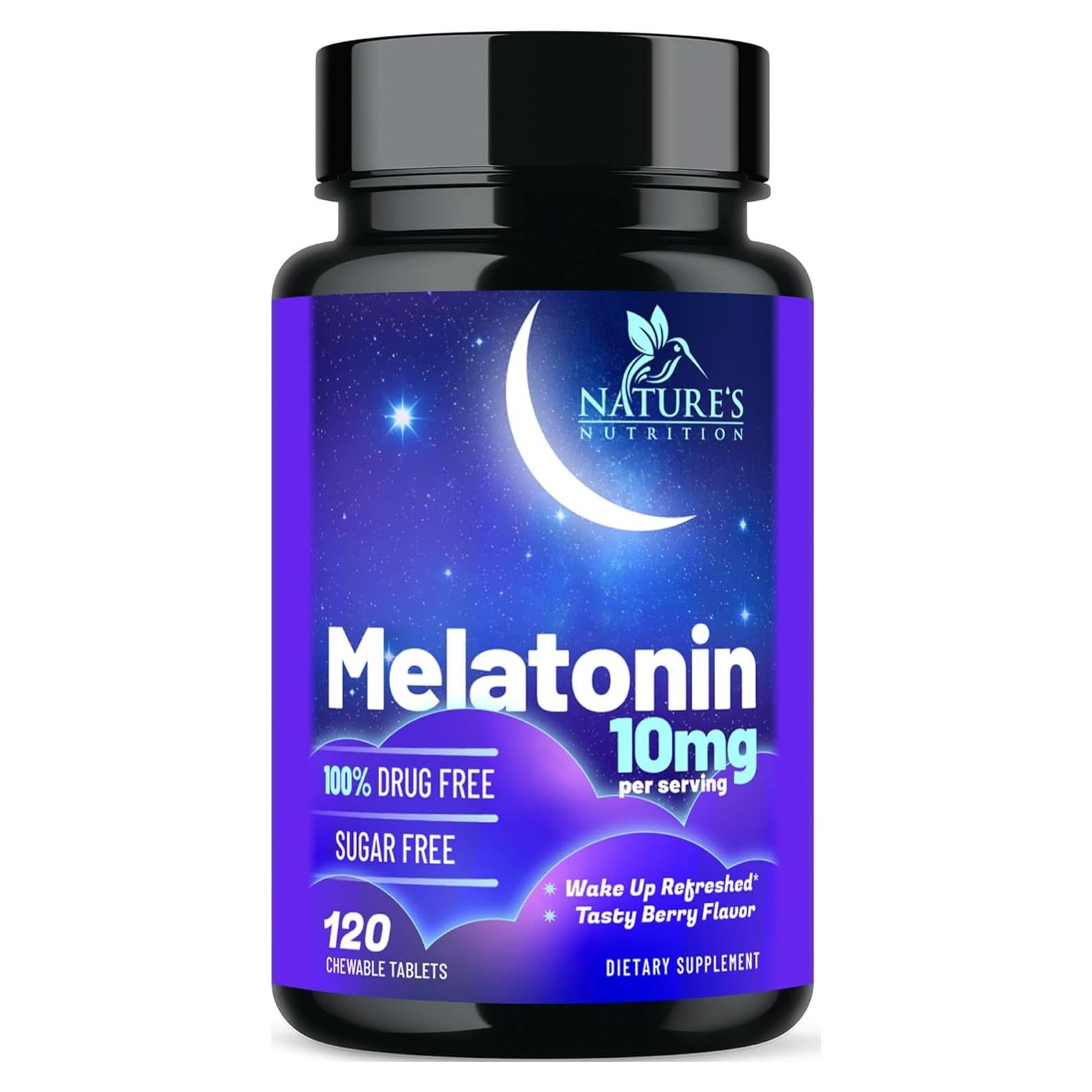 Suplemento de Melatonina 10mg Nature's Nutrition - 120 Tabletas Masticables Sabor Baya