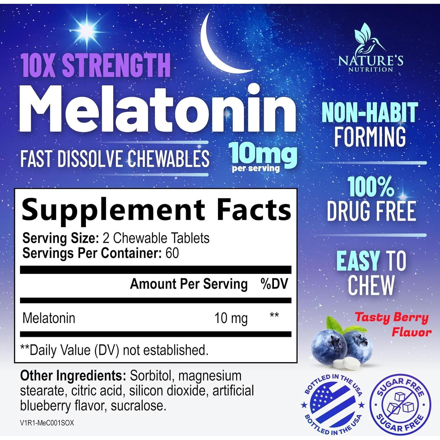 Suplemento de Melatonina 10mg Nature's Nutrition - 120 Tabletas Masticables Sabor Baya