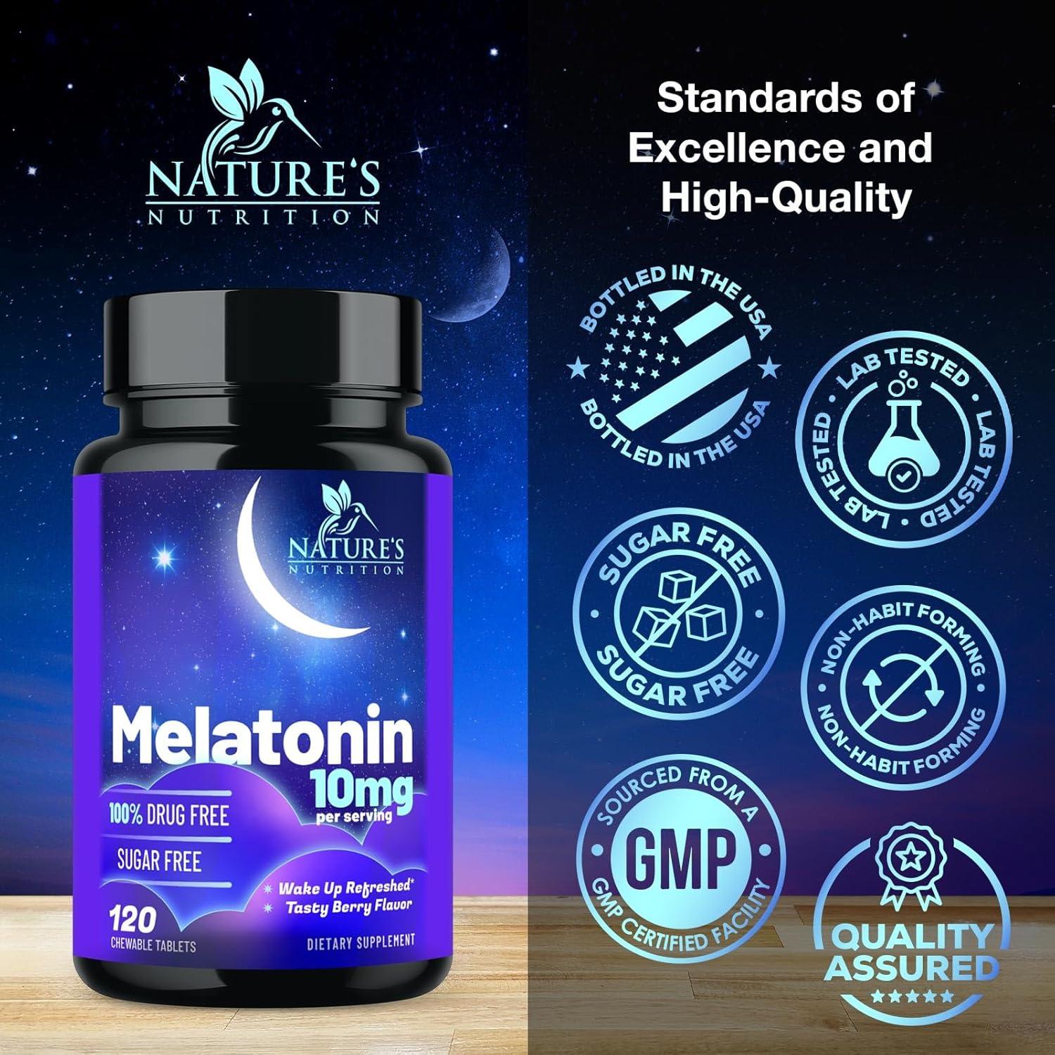 Suplemento de Melatonina 10mg Nature's Nutrition - 120 Tabletas Masticables Sabor Baya