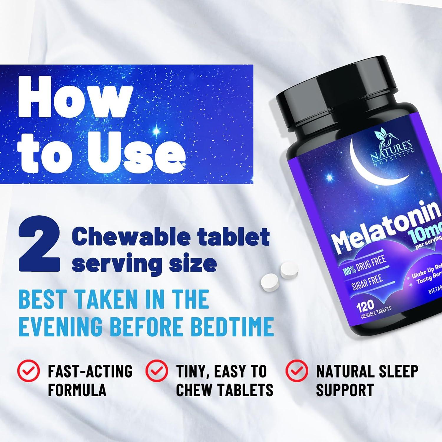 Suplemento de Melatonina 10mg Nature's Nutrition - 120 Tabletas Masticables Sabor Baya