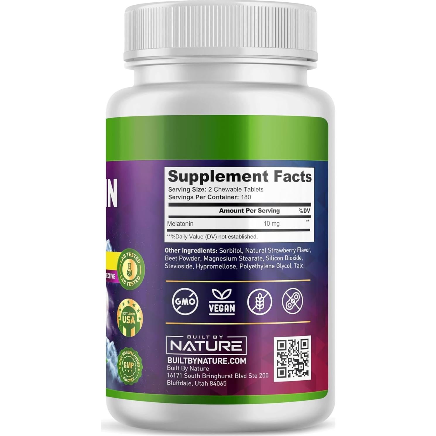 Melatonina 10 mg Construido por Naturaleza - 360 Tabletas Masticables Sabor Baya