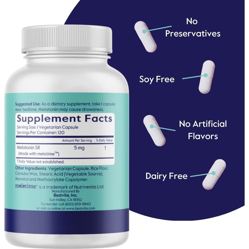 Melatonina SR 5mg Bestvite - 120 Cápsulas Vegetarianas - Vegano