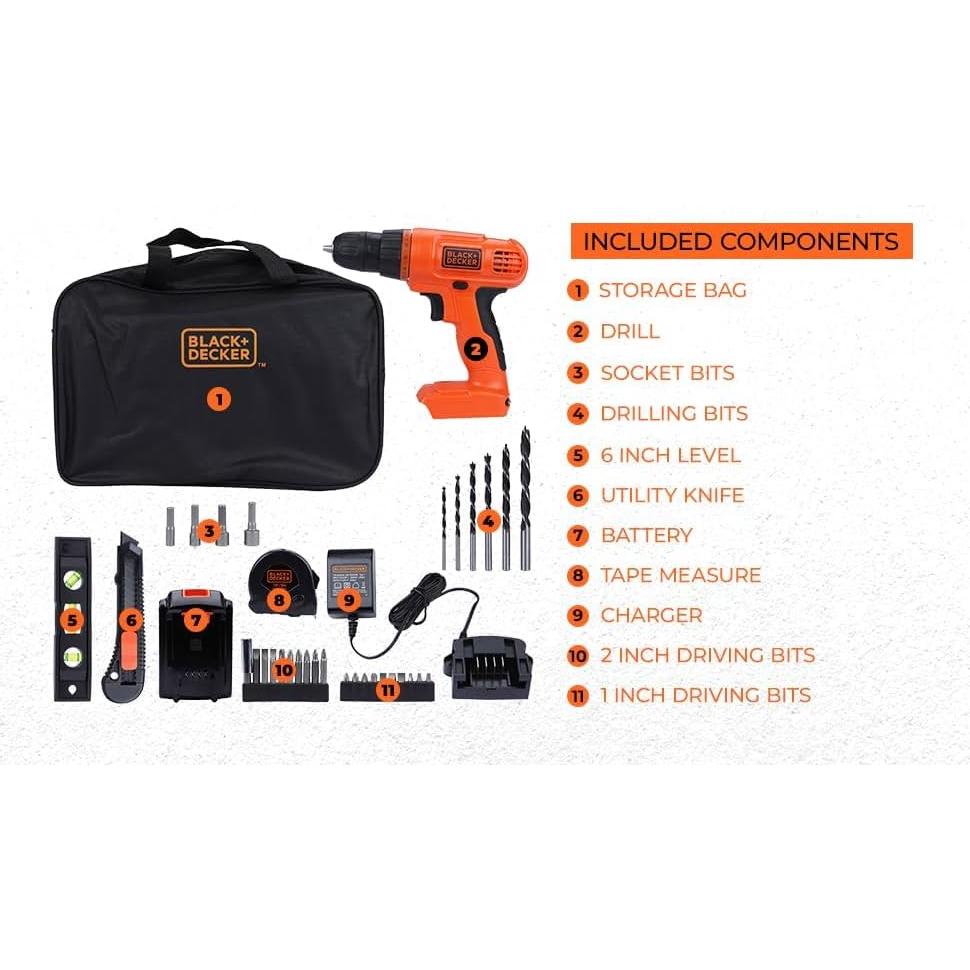 Taladro Inalámbrico BLACK+DECKER 20V MAX + Kit 34 Piezas