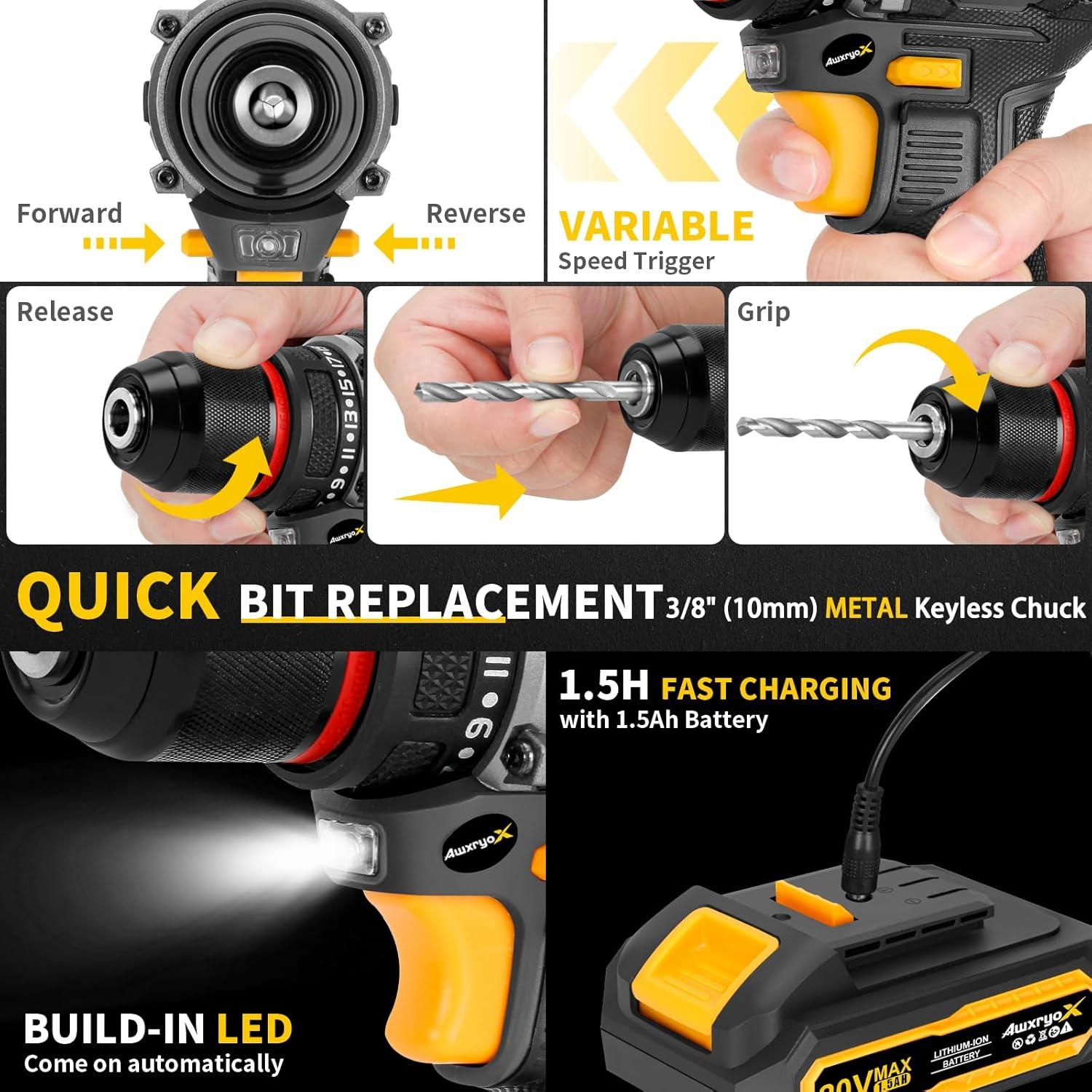 Taladro Inalámbrico AwxryoX 20V 60Nm 135Pcs Kit Herramientas