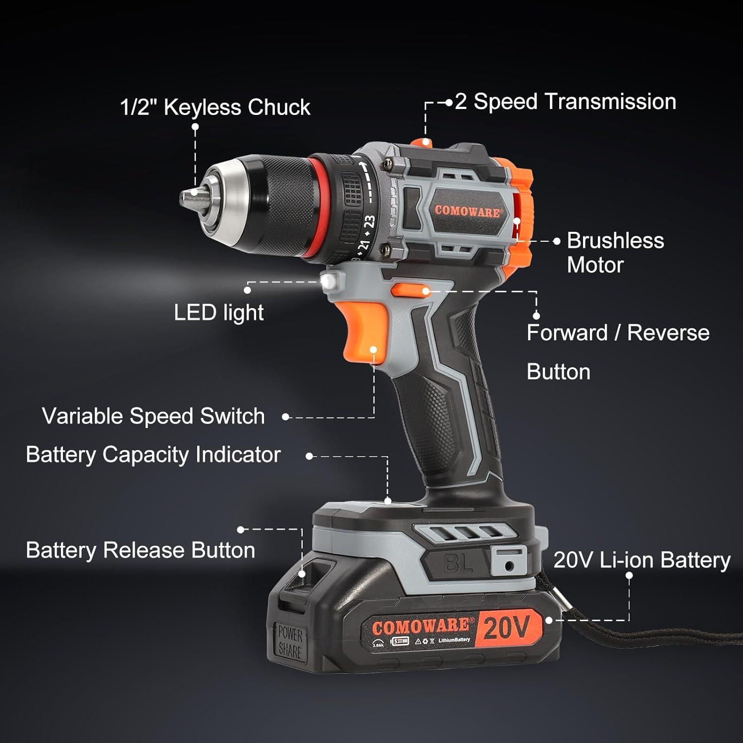 Taladro Inalámbrico COMOWARE 20V con Batería 1.5Ah y Accesorios