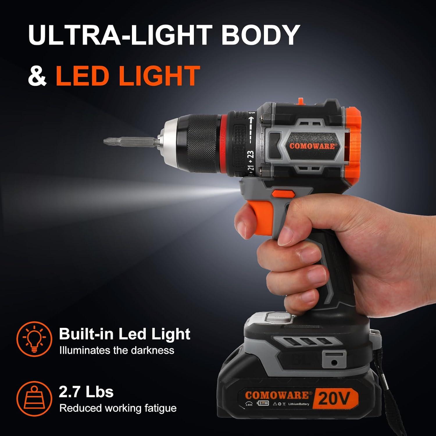 Taladro Inalámbrico COMOWARE 20V con Batería 1.5Ah y Accesorios