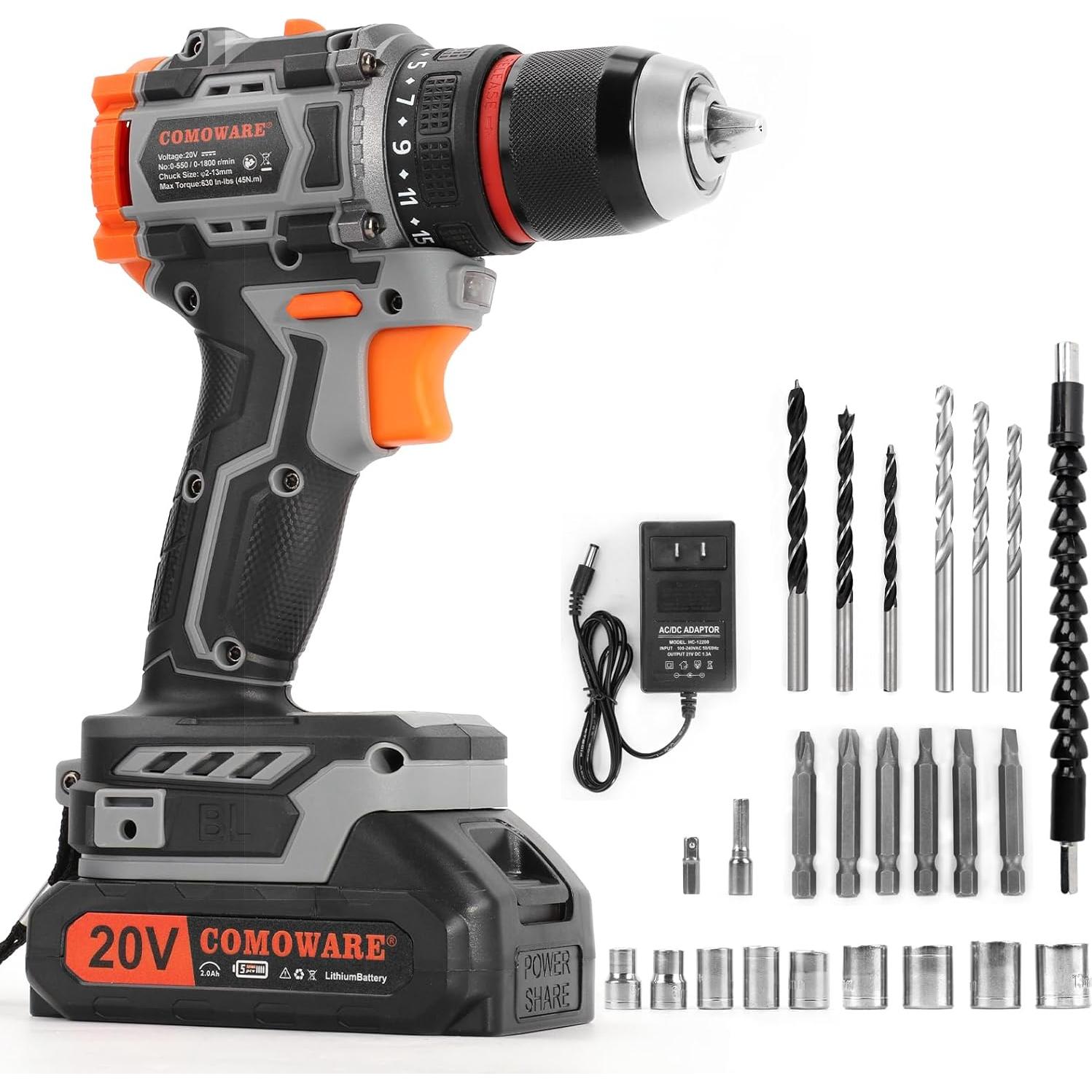 Taladro Inalámbrico COMOWARE 20V con Batería 1.5Ah y Accesorios