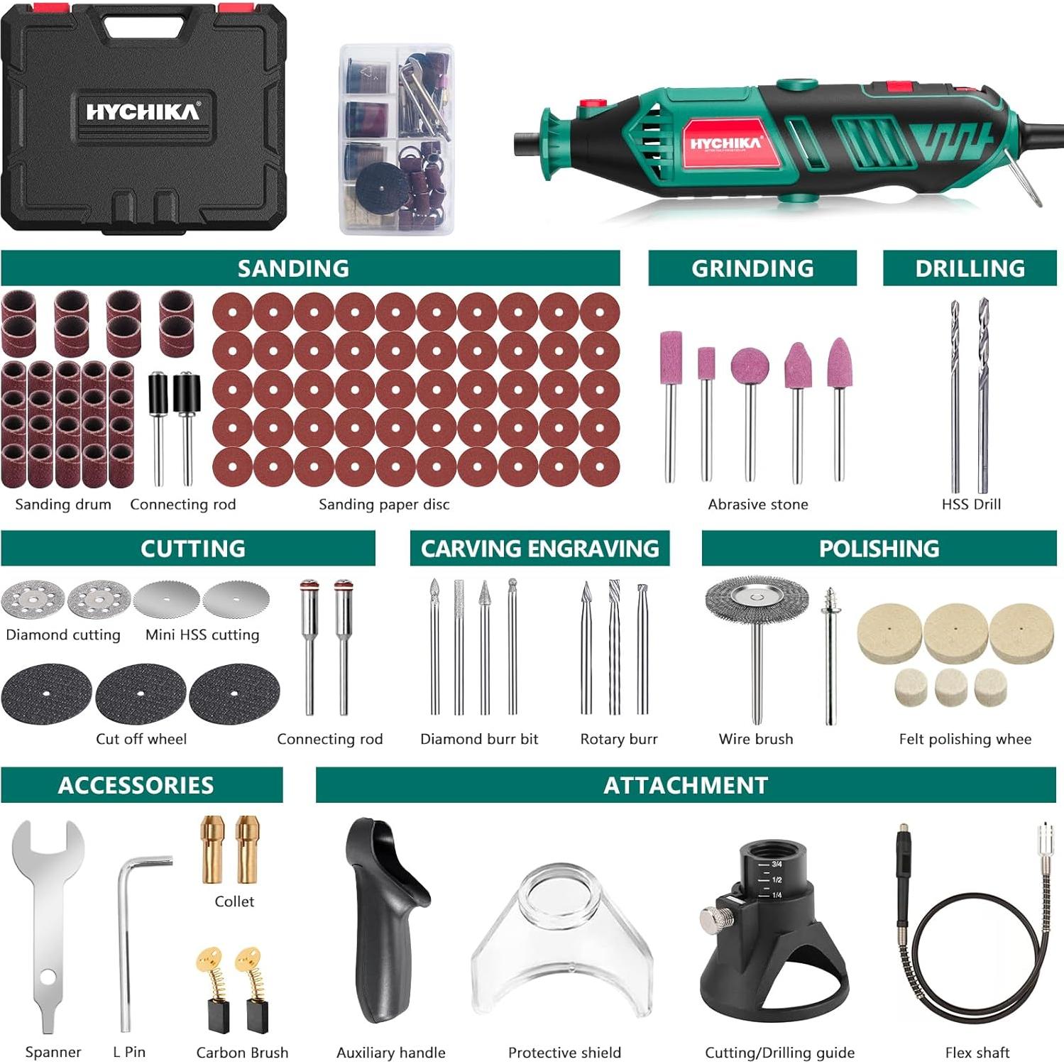 Herramienta Rotativa HYCHIKA 180W con Eje Flexible y 174 Accesorios