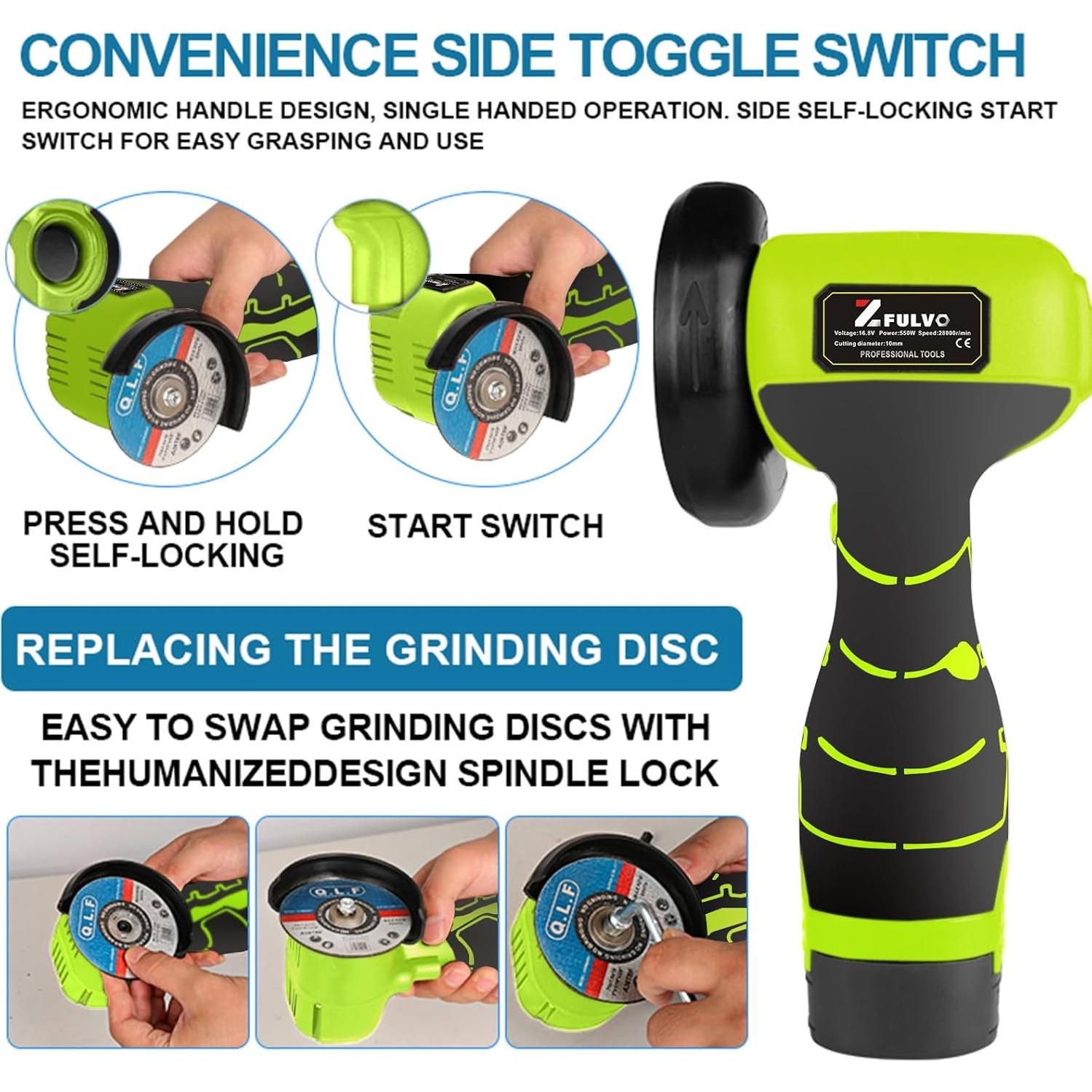 Amoladora Angular Inalámbrica ZFULVO 16.8V 19500RPM