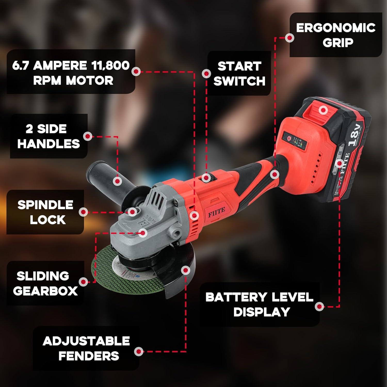 Amoladora Angular Inalámbrica FIITE 18V 10000RPM 2 Baterías