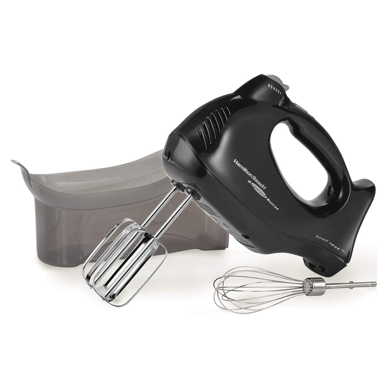 Hamilton Beach Power Deluxe 6-Speed Electric Hand Mixer with Snap-On Storage Case, QuickBurst, Beaters, Whisk, Powerful 250 Watt Motor, Bowl Rest, Black (62692)