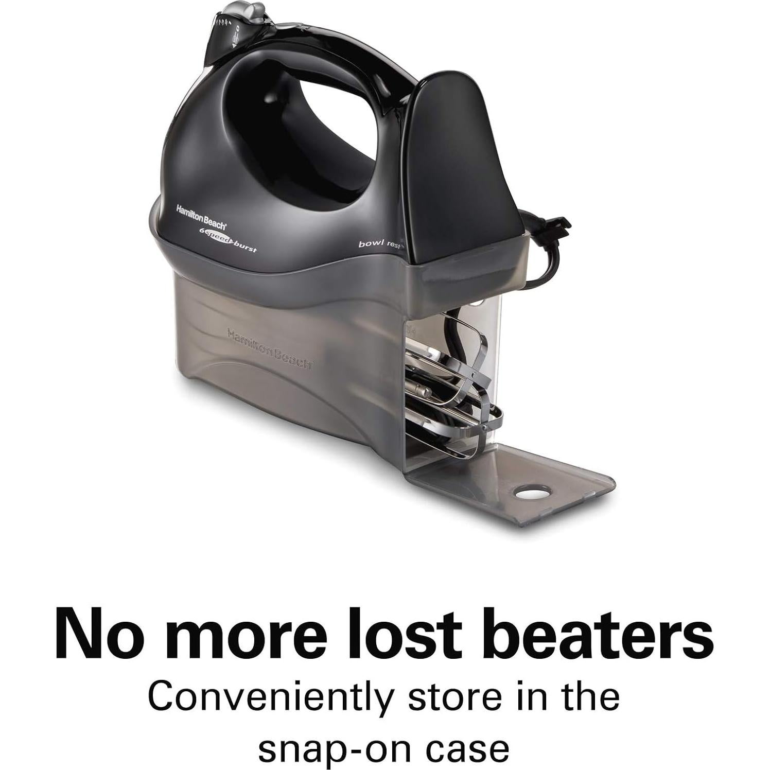 Hamilton Beach Power Deluxe 6-Speed Electric Hand Mixer with Snap-On Storage Case, QuickBurst, Beaters, Whisk, Powerful 250 Watt Motor, Bowl Rest, Black (62692)