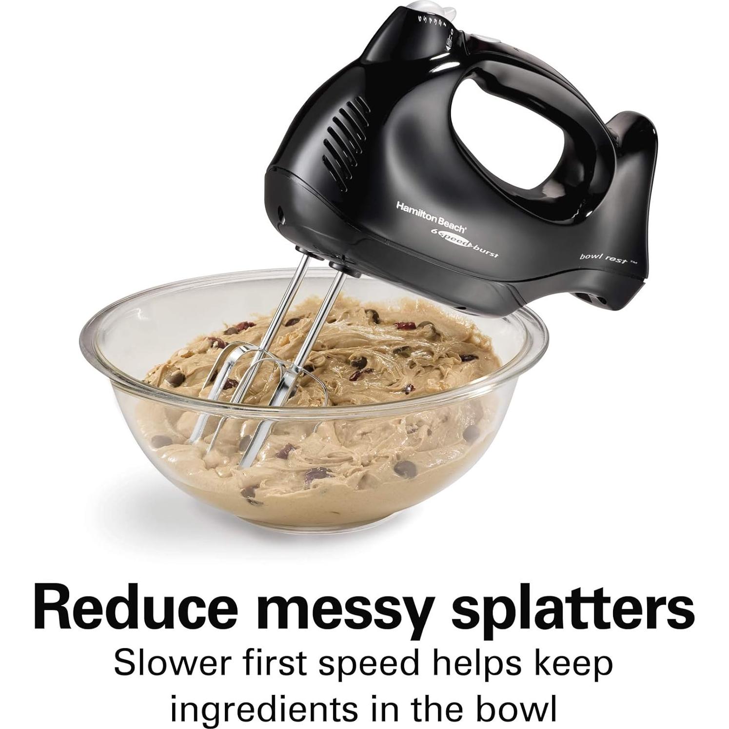 Hamilton Beach Power Deluxe 6-Speed Electric Hand Mixer with Snap-On Storage Case, QuickBurst, Beaters, Whisk, Powerful 250 Watt Motor, Bowl Rest, Black (62692)