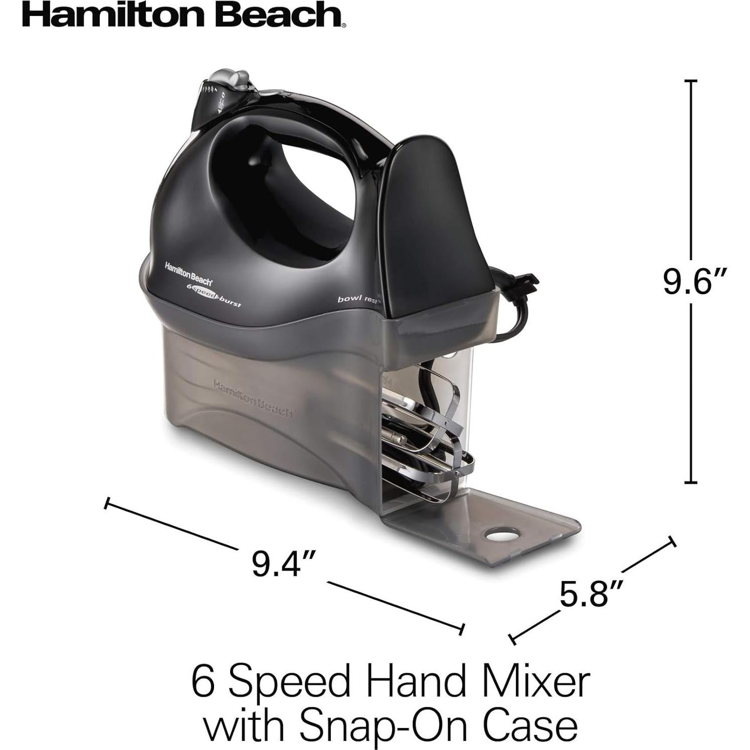 Hamilton Beach Power Deluxe 6-Speed Electric Hand Mixer with Snap-On Storage Case, QuickBurst, Beaters, Whisk, Powerful 250 Watt Motor, Bowl Rest, Black (62692)