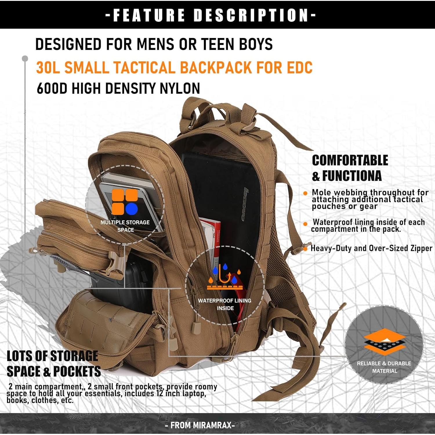 Mochila Táctica Militar 30L Molle Coyote para Senderismo