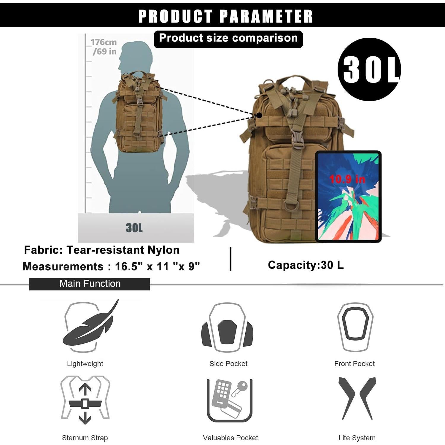 Mochila Táctica Militar 30L Molle Coyote para Senderismo