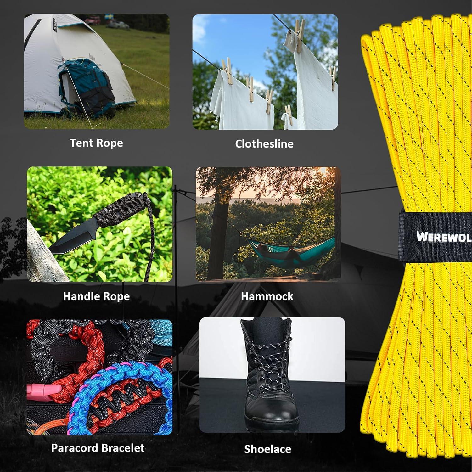 WEREWOLVES Reflective Paracord Rope 7 Strand Type III Parachute Cord 4mm 100ft / 200ft for Tent Camping Hiking Fishing Survival Tactical Clothesline DIY Projects