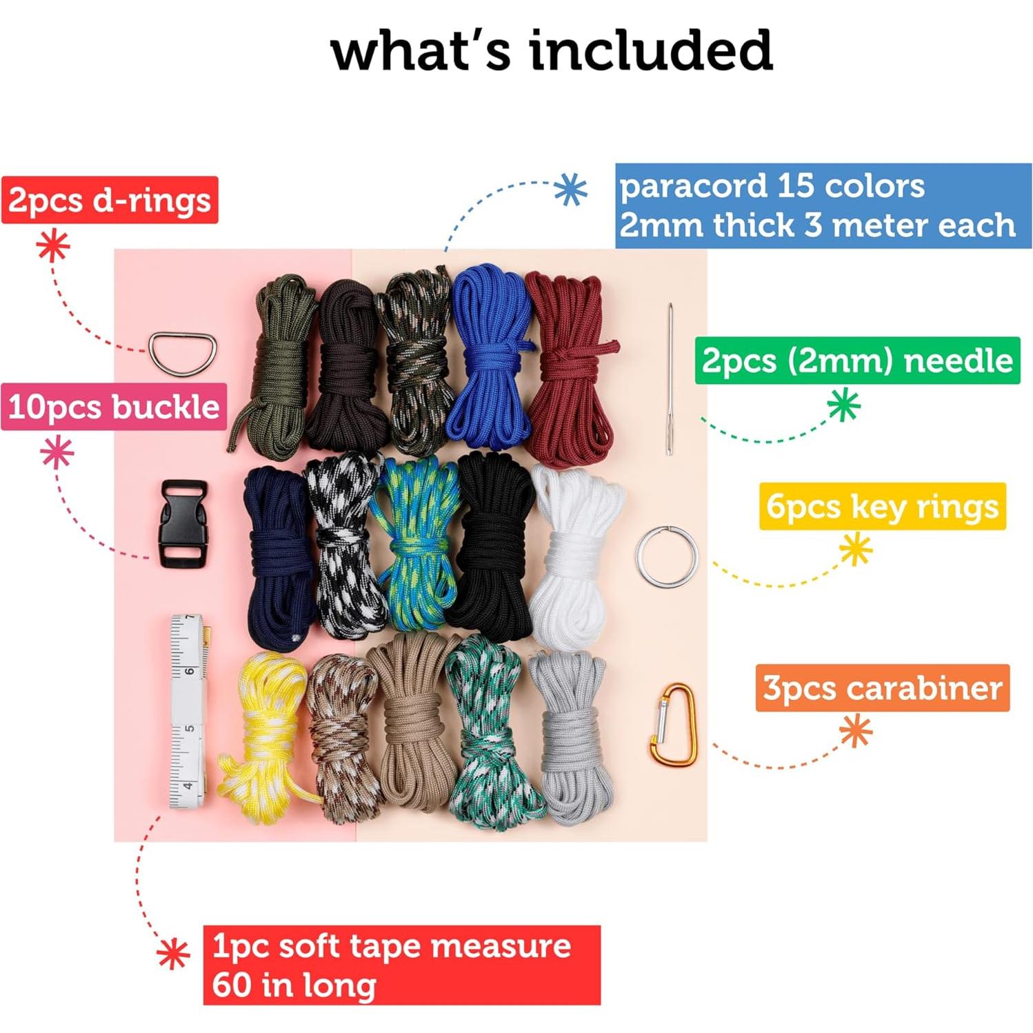 Kit de Paracord Incraftables 15 Colores 2mm para Manualidades