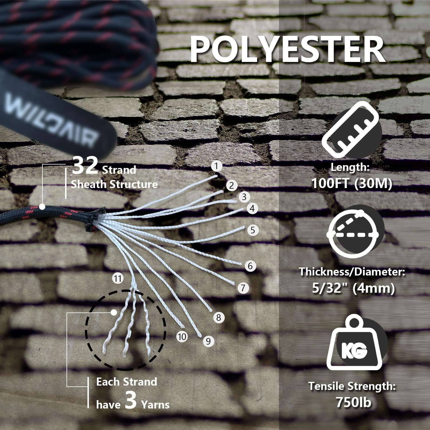 Cuerda Paracord WILDAIR 30m 750lb Nylon Negro Rojo