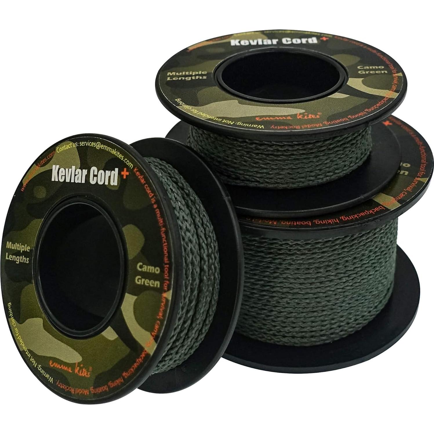 emma kites Camo Green, Red, Blue Braided Kevlar Cord 200Lb~1050Lb Abrasion/Flame Resistant Tactical Paracord, Trip Line, Cord Friction-Saw, Boot Laces, Survival Cord, Model Rocket Shock Cord