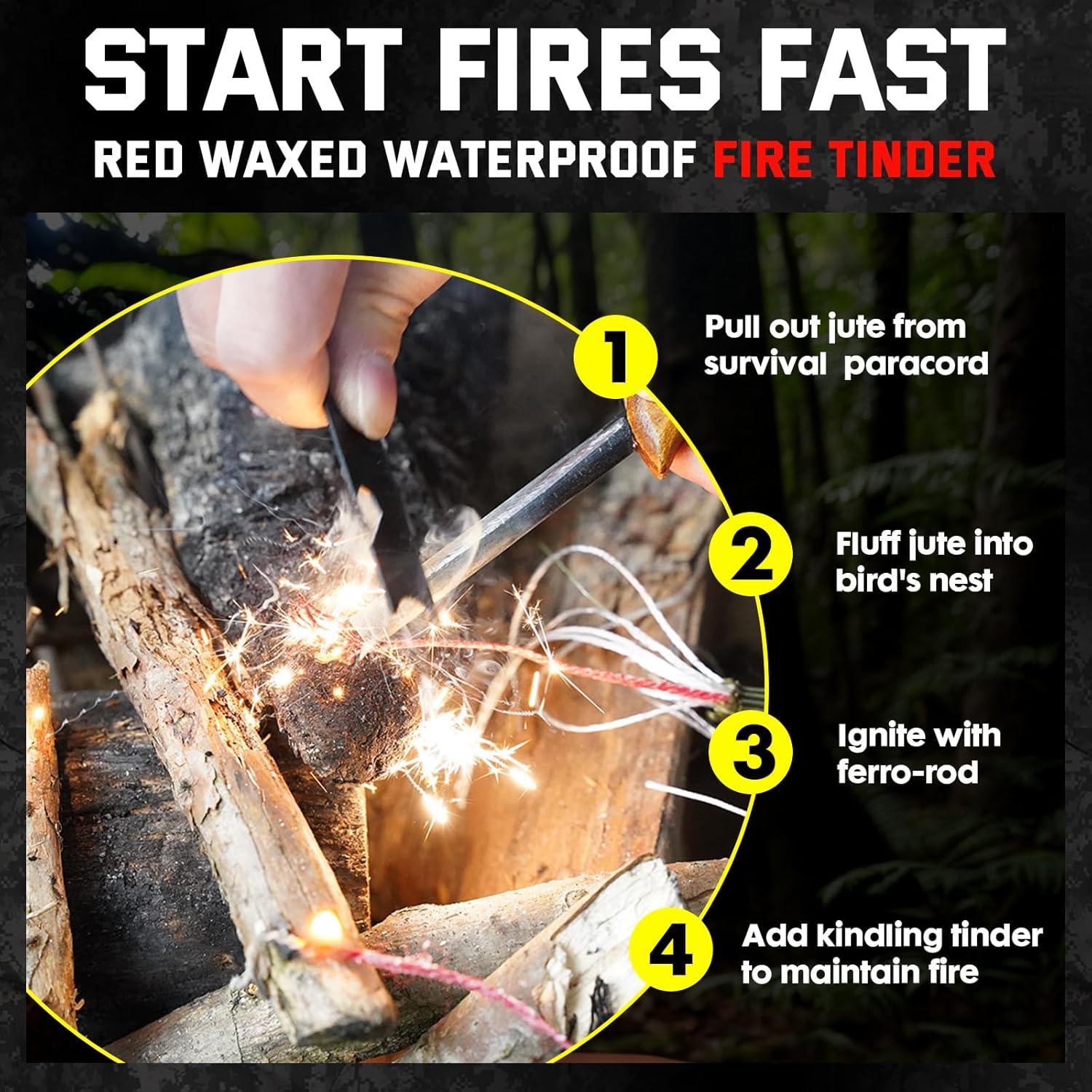 Survival Paracord 550 Fire Paracord Survivor Cord Nlyon Rope 10 Strands US Military Type III 550 Parachute Cord with Integrated Fishing Line, Fire-Starter Tinder 4 in 1