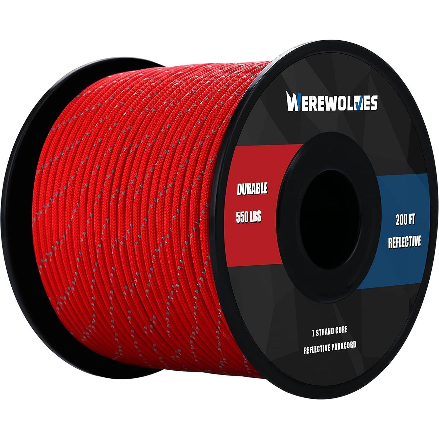 WEREWOLVES Reflective 550&176 lb Paracord - Nylon, Rope Roller,7&3 Strand Utility Parachute Cord for Camping Tent, Outdoor Packaging