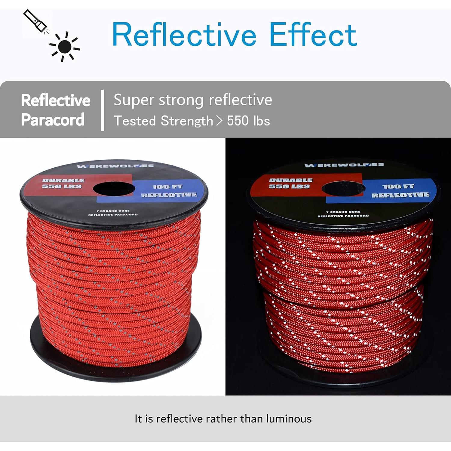 WEREWOLVES Reflective 550&176 lb Paracord - Nylon, Rope Roller,7&3 Strand Utility Parachute Cord for Camping Tent, Outdoor Packaging