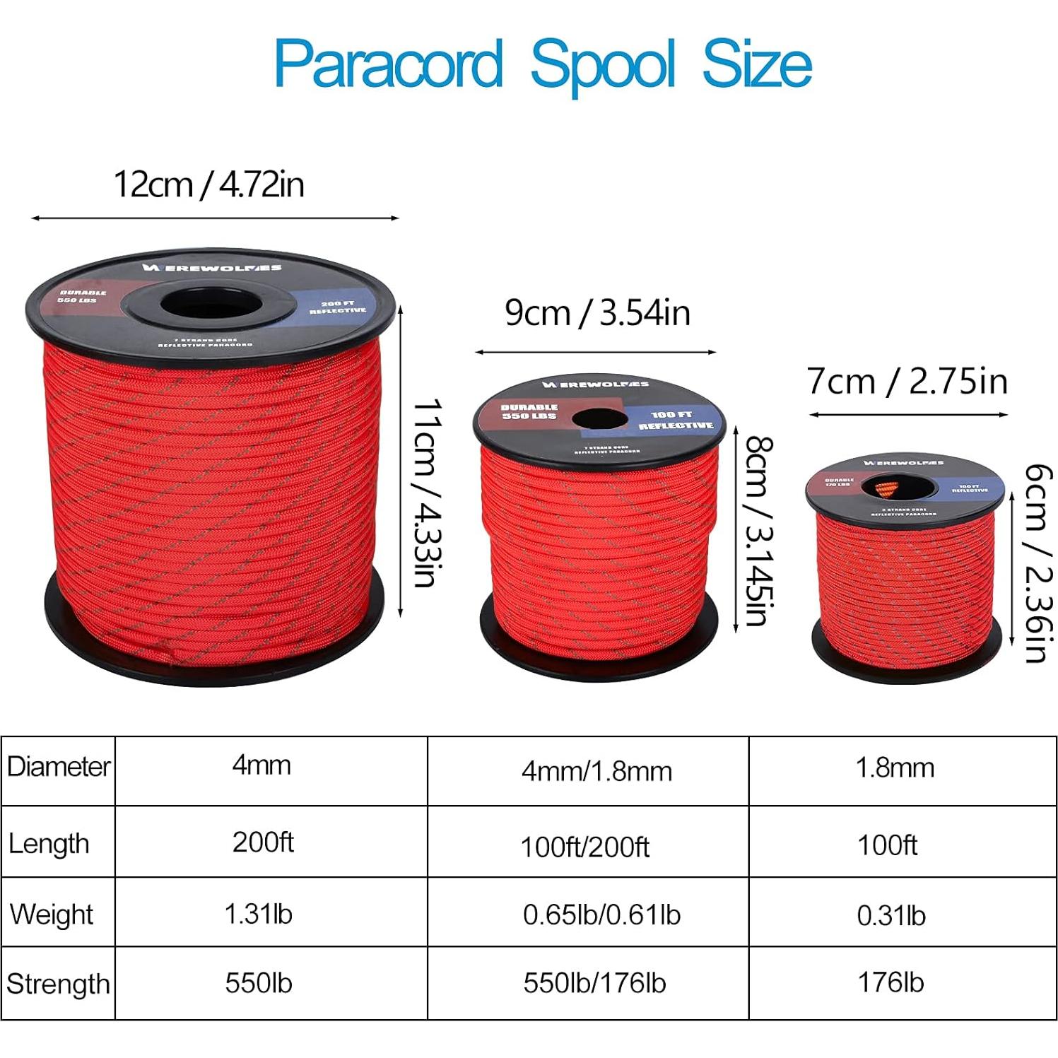 WEREWOLVES Reflective 550&176 lb Paracord - Nylon, Rope Roller,7&3 Strand Utility Parachute Cord for Camping Tent, Outdoor Packaging