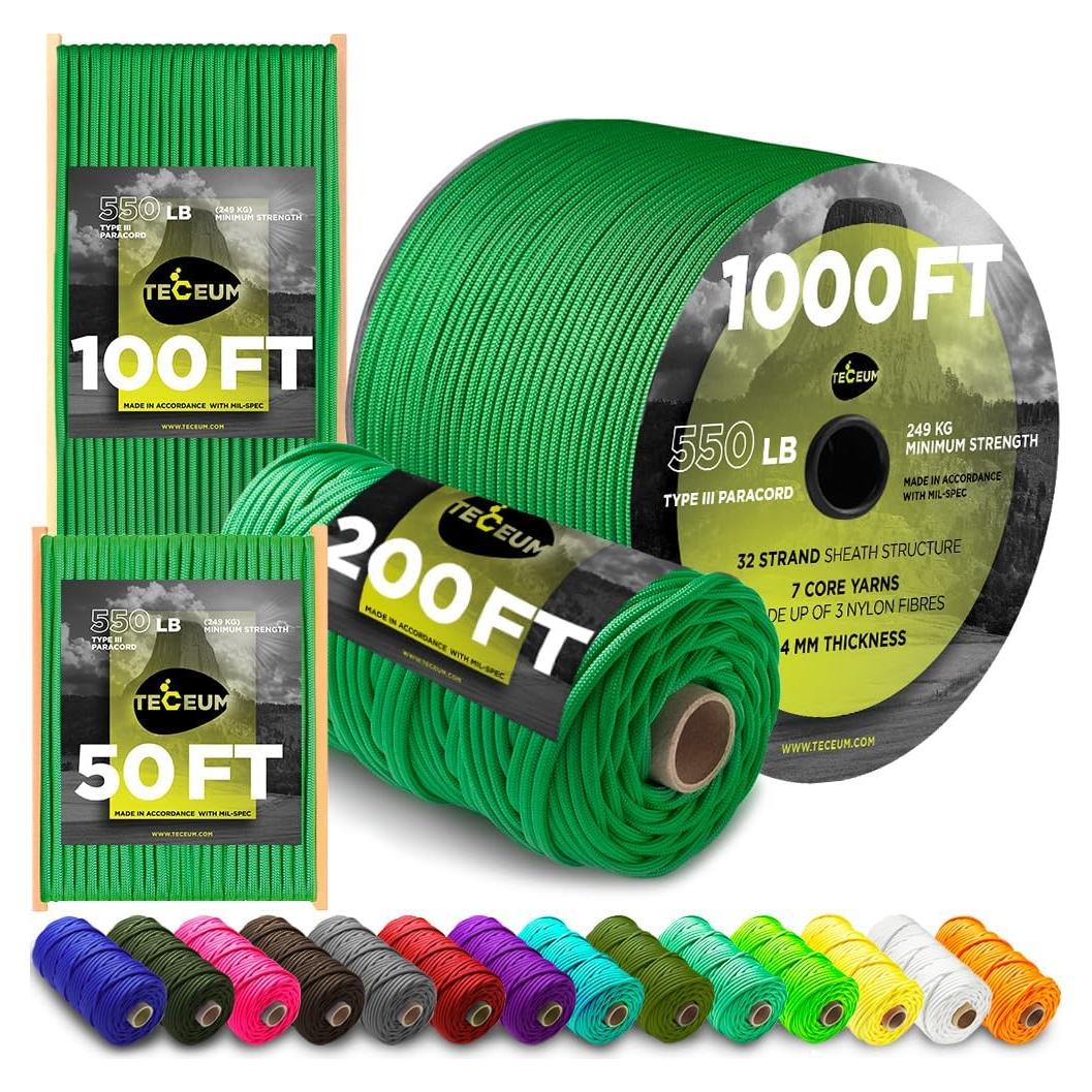 TECEUM 5/32" Paracord Rope 1000 – 1000ft / 200ft / 100ft / 50ft – Tactical Parachute Cord 4mm – 45+ Colors – Nylon String for Survival & Camping Gear – Stripe Cord for Survival – Utility Rope