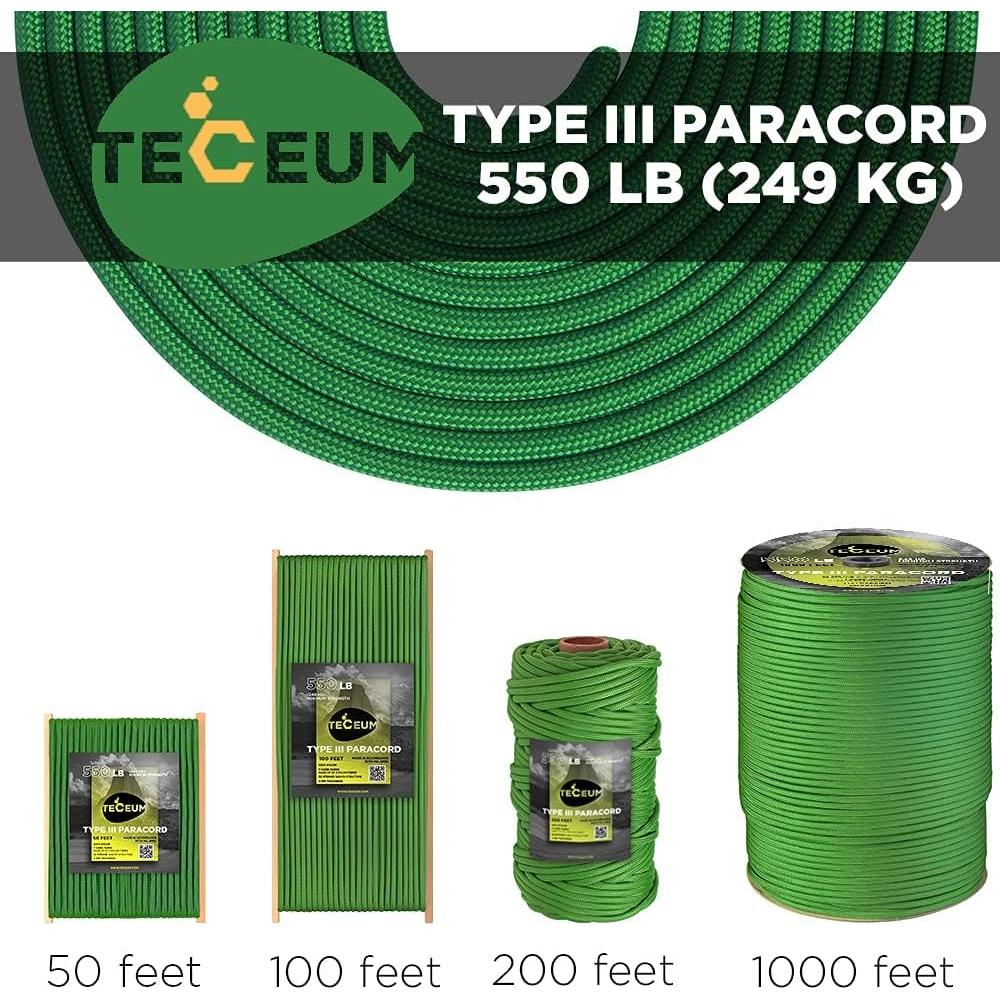 TECEUM 5/32" Paracord Rope 1000 – 1000ft / 200ft / 100ft / 50ft – Tactical Parachute Cord 4mm – 45+ Colors – Nylon String for Survival & Camping Gear – Stripe Cord for Survival – Utility Rope