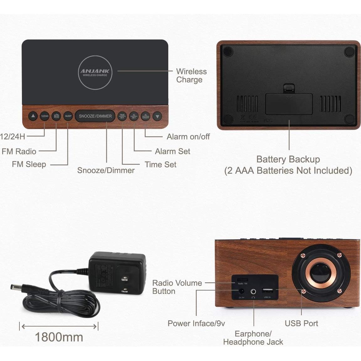 Reloj Despertador Digital ANJANK con Carga Inalámbrica