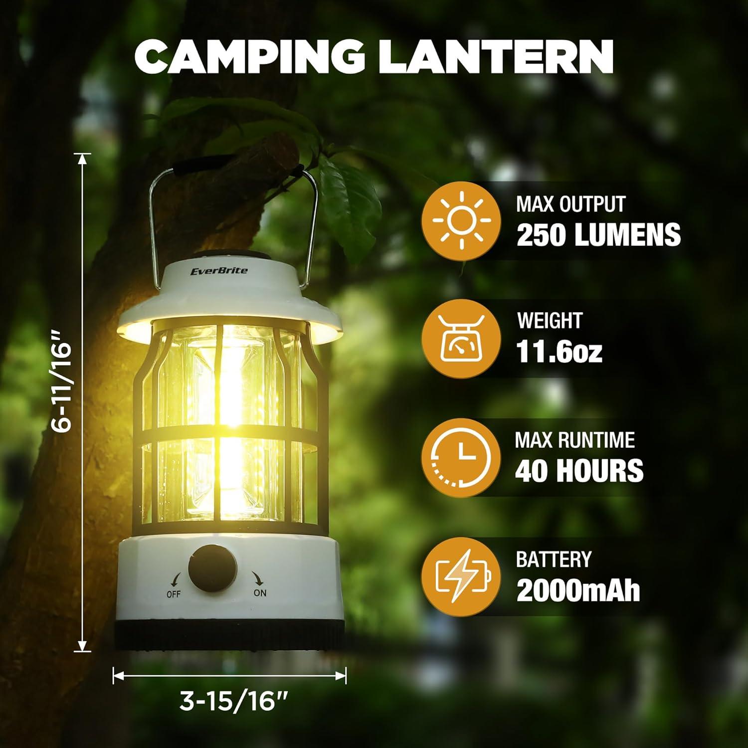 Linterna de Camping LED EverBrite, Recargable USB C, 250 Lúmenes