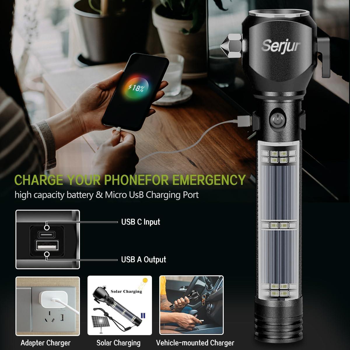 Linterna Táctica LED Solar OUDE 9 en 1 para Emergencias