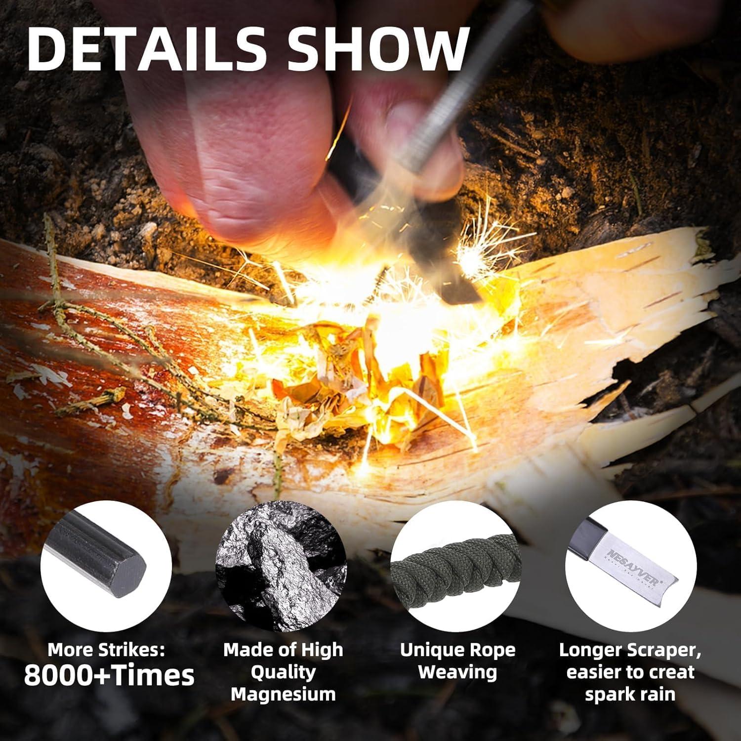 Fire Starter Survival Tool, Round Hexagon Ferro Rod Fire Striker Kit with Paracord Lanyard for Hiking, Camping, Emergency Flint and Steel Up to 20000 Strikes, Tinder Rope Backpacking Gear