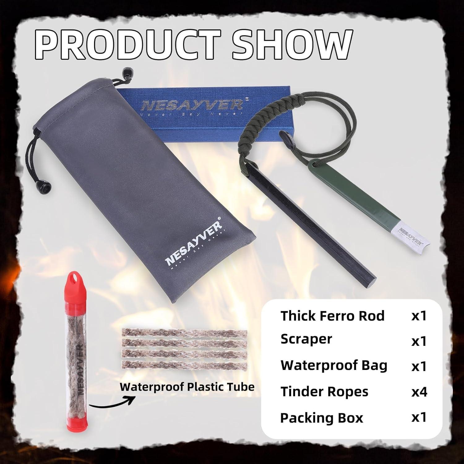 Fire Starter Survival Tool, Round Hexagon Ferro Rod Fire Striker Kit with Paracord Lanyard for Hiking, Camping, Emergency Flint and Steel Up to 20000 Strikes, Tinder Rope Backpacking Gear