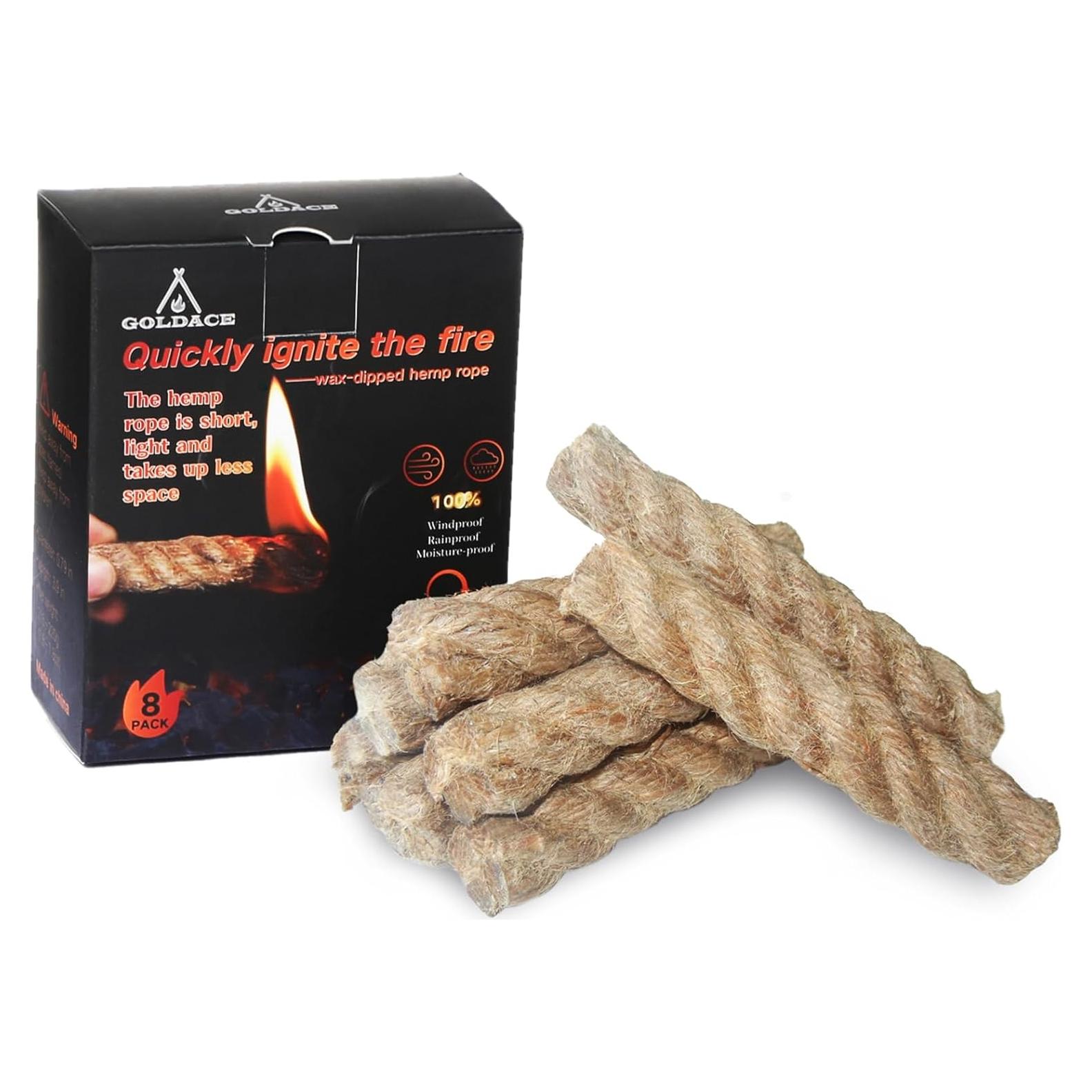 GOLDACE100% Windproof, Rainproof and Moisture- Emergency Survival Tool Kits| Long-Lasting Fire Starters for Campfires| Camping Cooking Kindling Tinder| fire Rope Hemp core| Unlimited Shelf Life